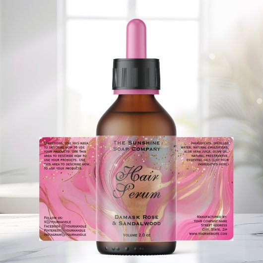 Pink Gold Glitter Cosmetics Dropper Bottle Label