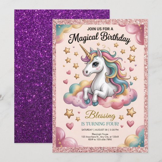 Pink & Gold Glitter Party Kaart (Voorkant / Achterkant)