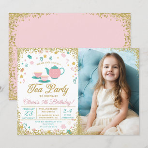 Pink Gold Glitter Tea Party Girls Birthday Foto Kaart