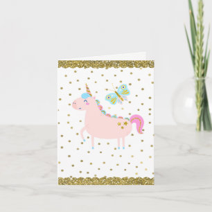 Pink & Gold Glitter Unicorn Girls Birthday Party Kaart