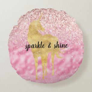 Pink Gold Glitzy Glitter Eenhoorn Rond Kussen