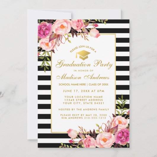 Pink Gold Graduation Party Striped Invitation (Devant)