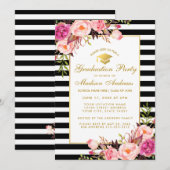 Pink Gold Graduation Party Striped Invitation (Devant / Derrière)