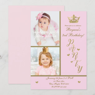 Pink & Gold Hearts Princess Crown 2 Fotoparty Kaart