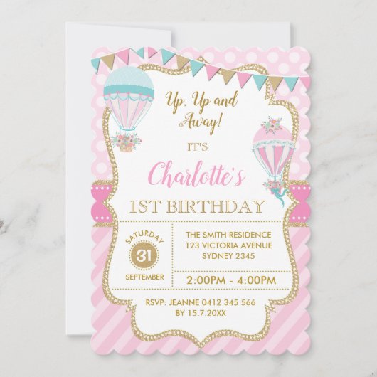 Pink Gold Hot Air Balloon Anniversaire Invitation (Devant)