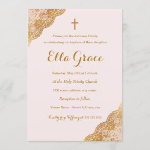 Pink Gold Lace Girl Baptism Invitation +