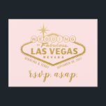 Pink Gold Las Vegas Mariage RSVP Réponse Carte Pos<br><div class="desc">Le célèbre panneau Welcome to Las Vegas (modifié pour lire le Mariage à Las Vegas) en fausse feuille d'or sur un arrière - plan rose pâle de couleur modifiable. Le design typographique unique sur le dos est entièrement personnalisable. Les cartes postales RSVP n'ont pas besoin d'une enveloppe pour les envoyer...</div>