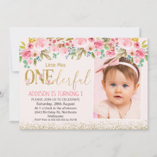 Pink Gold Little Miss Onederful Photo Birthday Kaart