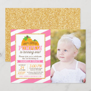 Pink Gold Little Pumpkin Girl First Birthday Foto Kaart