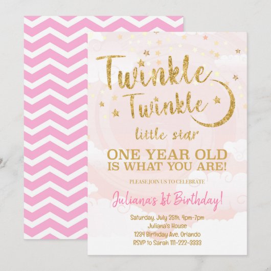 Pink Gold Little Star 1er Anniversaire Invitation (Devant / Derrière)
