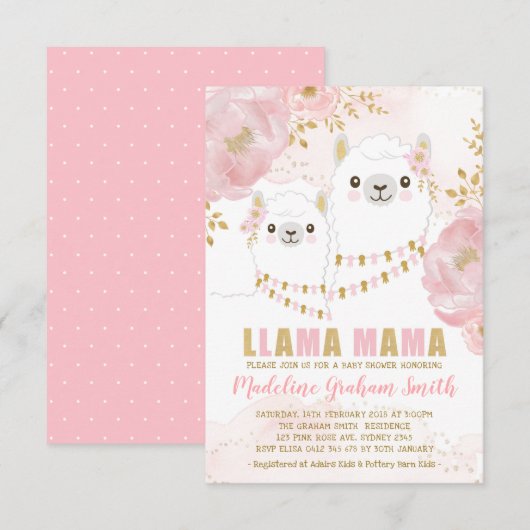 Pink Gold Llama Girl Baby shower Blush Floral Kaart (Voorkant / Achterkant)