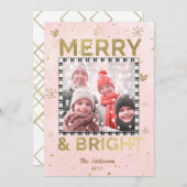 Pink Gold MERRY & BRIGHT Holiday Doodle Foto Feestdagenkaart (Voorkant / Achterkant)