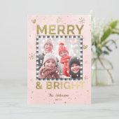 Pink Gold MERRY & BRIGHT Holiday Doodle Foto Feestdagenkaart (Staand voorkant)