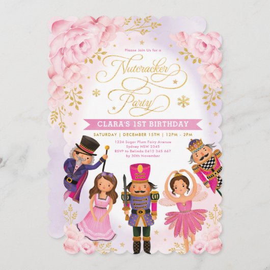Pink Gold Nutcracker Party Winter Floral Birthday Kaart (Voorkant / Achterkant)