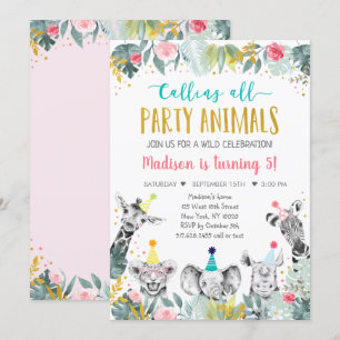 Pink Gold Party Animal Safari Birthday Kaart