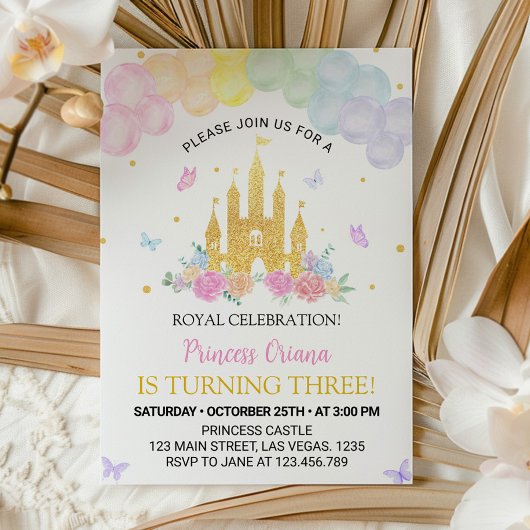 Pink Gold Princess Castle Invitation Anniversaire