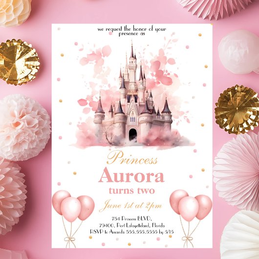 Pink Gold Princess Invitation de fête d'anniversai