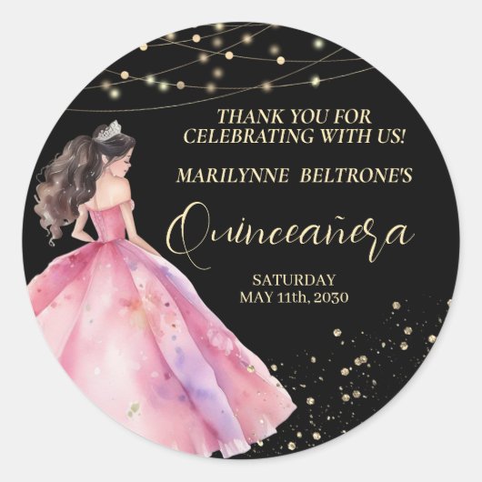 Pink Gold Princess Quinceañera Ronde Sticker (Voorkant)