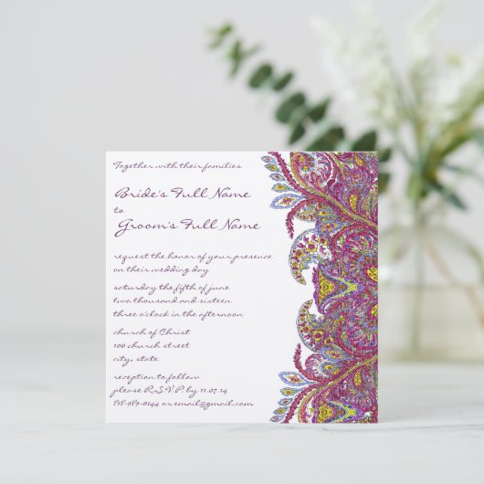 Pink Gold Raspberry Paisley Damask Floral Wedding Kaart (Staand voorkant)