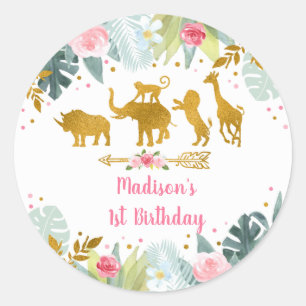 Pink Gold Safari Greenery Birthday Ronde Sticker