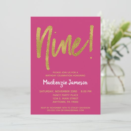 Pink Gold Script 9th Birthday Party Invitation (Debout devant)