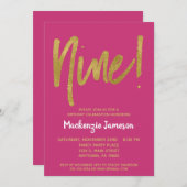 Pink Gold Script 9th Birthday Party Invitation (Devant / Derrière)