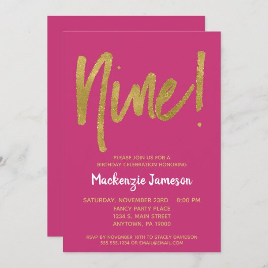 Pink Gold Script 9th Birthday Party Invitation (Devant / Derrière)
