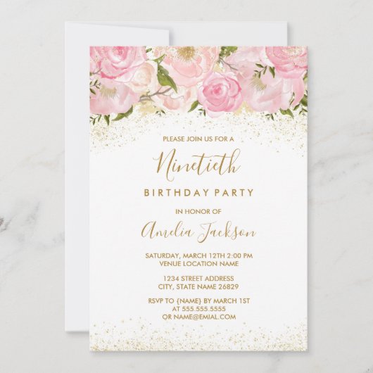 Pink Gold Sparkle Rose 90e anniversaire Invitation (Devant)