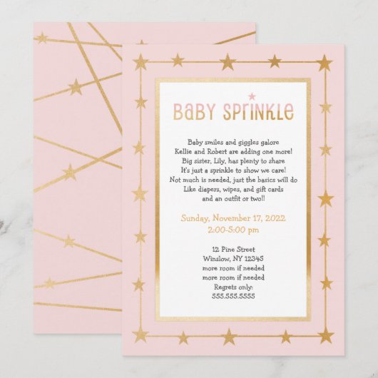 Pink Gold Stars moderne fille invitation d'arrosag (Devant / Derrière)