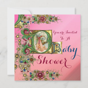 PINK GOLD STORK GIRL BABY SHOWER FLORAL MONOGRAM KAART