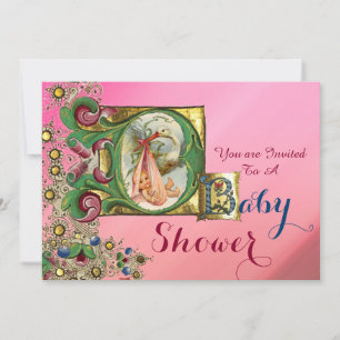PINK GOLD STORK GIRL BABY SHOWER FLORAL MONOGRAM KAART
