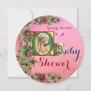 PINK GOLD STORK GIRL BABY SHOWER FLORAL MONOGRAM KAART