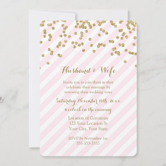Pink Gold Stripes Mariage Vow Renewal Invitation (Dos)