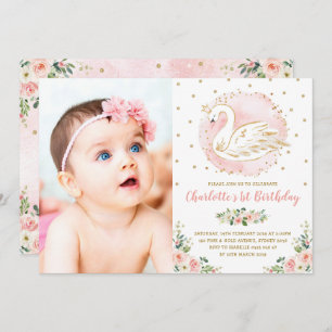 Pink Gold Swan Princess Floral Birthday Party Kaart