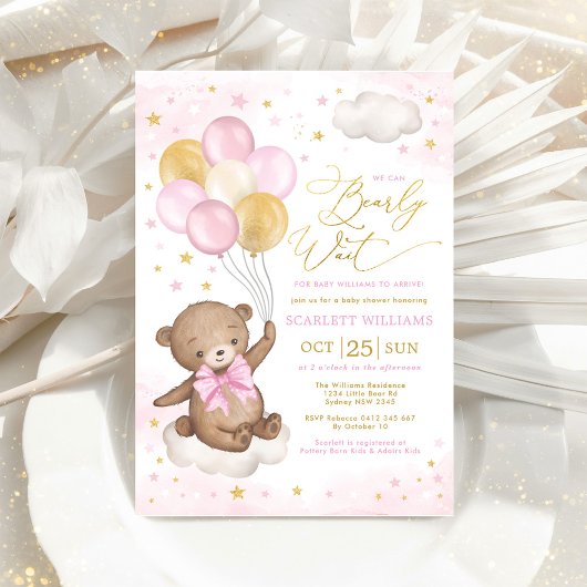 Pink Gold Teddy Bear Balloons Girl Baby shower Inv Kaart
