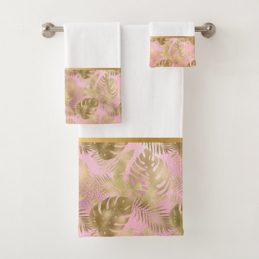 PINK GOLD TROPICAL PALT BATHROOM SET BAD HANDDOEK (Insitu)