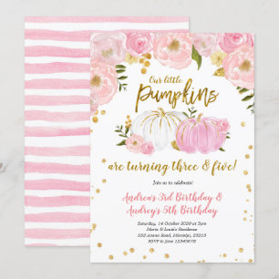 Pink Gold Twee kleine pompoenen Verjaardag Uitnodi Kaart