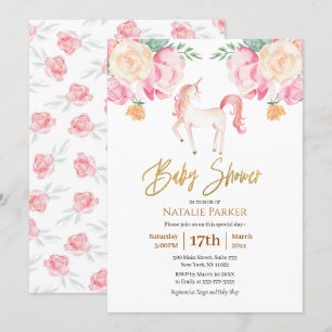 Pink Gold Unicorn Floral Waterverf Baby shower Kaart