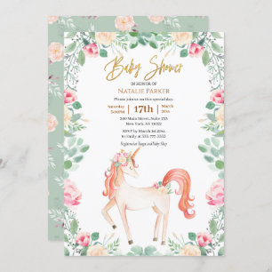 Pink Gold Unicorn Roos Floral Greenery Baby shower Kaart