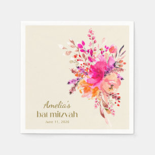 Pink Gold Waterverf Floral Elegant Bat Mitzvah Servet