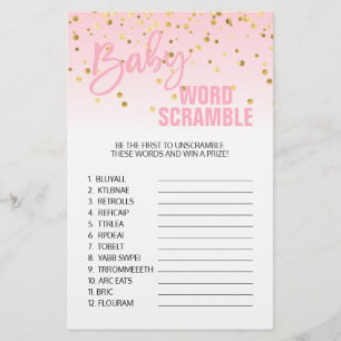 Pink Gold White Baby shower WORD SCRAMBLE Flyer