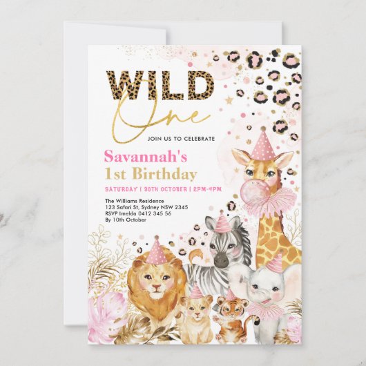 Pink Gold Wild One Safari Party Animals Birthday Kaart (Voorkant)