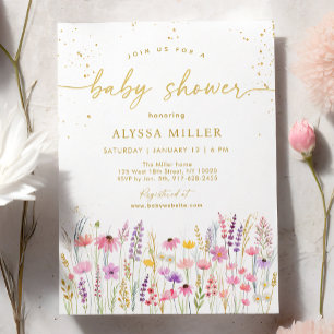 Pink Gold Wildflower Meadow Baby shower Kaart