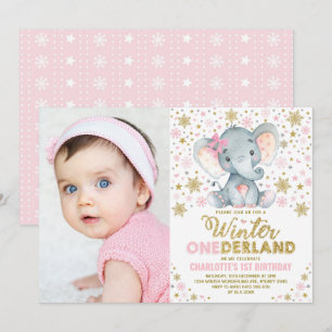 Pink Gold Winter Onederland Elephant 1e verjaardag Kaart