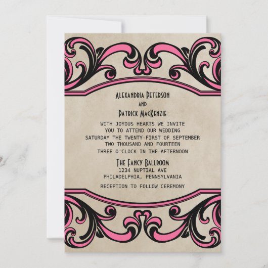 Pink Gothic Swirls Wedding Invite Kaart (Voorkant)