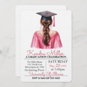 Pink Gown Waterverf Afstuderen Uitnodiging (Voorkant / Achterkant)