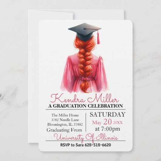 Pink Gown Waterverf Afstuderen Uitnodiging (Voorkant)