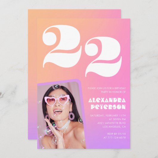 Pink Gradient 22e anniversaire invitation Retro Ph (Devant / Derrière)
