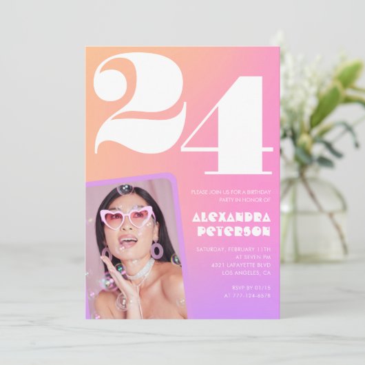 Pink Gradient 24e anniversaire invitation Retro Ph (Debout devant)