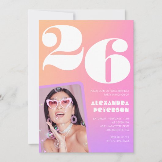 Pink Gradient 26e anniversaire invitation Retro Ph (Devant)
